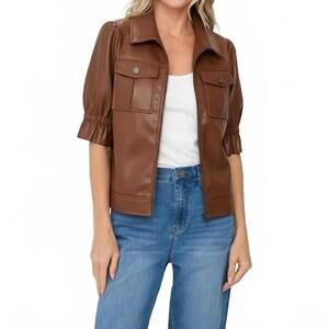 NEW SIX/FIFTY jennie faux leather flutter sleeve jacket in brown